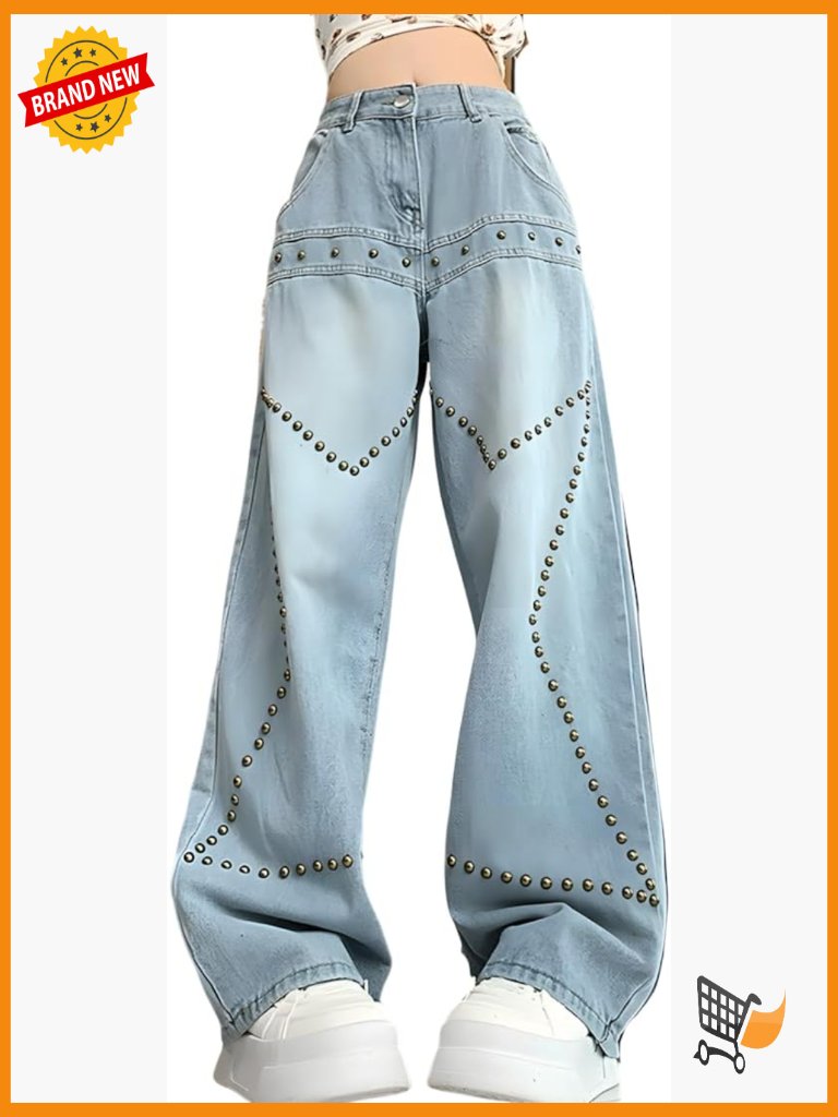 Y2k Gothic High Waist Straight Wide Leg Jeans Star Rivets Grunge